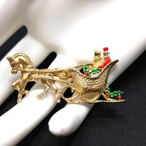 Vintage Christmas Sled Horse Brooch, Enamel, Taiwan, 1960s Jewelry